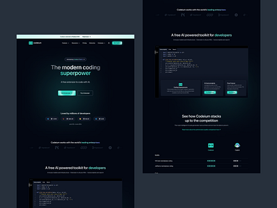 Codeium Landing Page Redesign ai autocomplete chat code codeium coding command copilot developers engineering holographic jetbrains landing page plugin programming software toolkit vscode web design