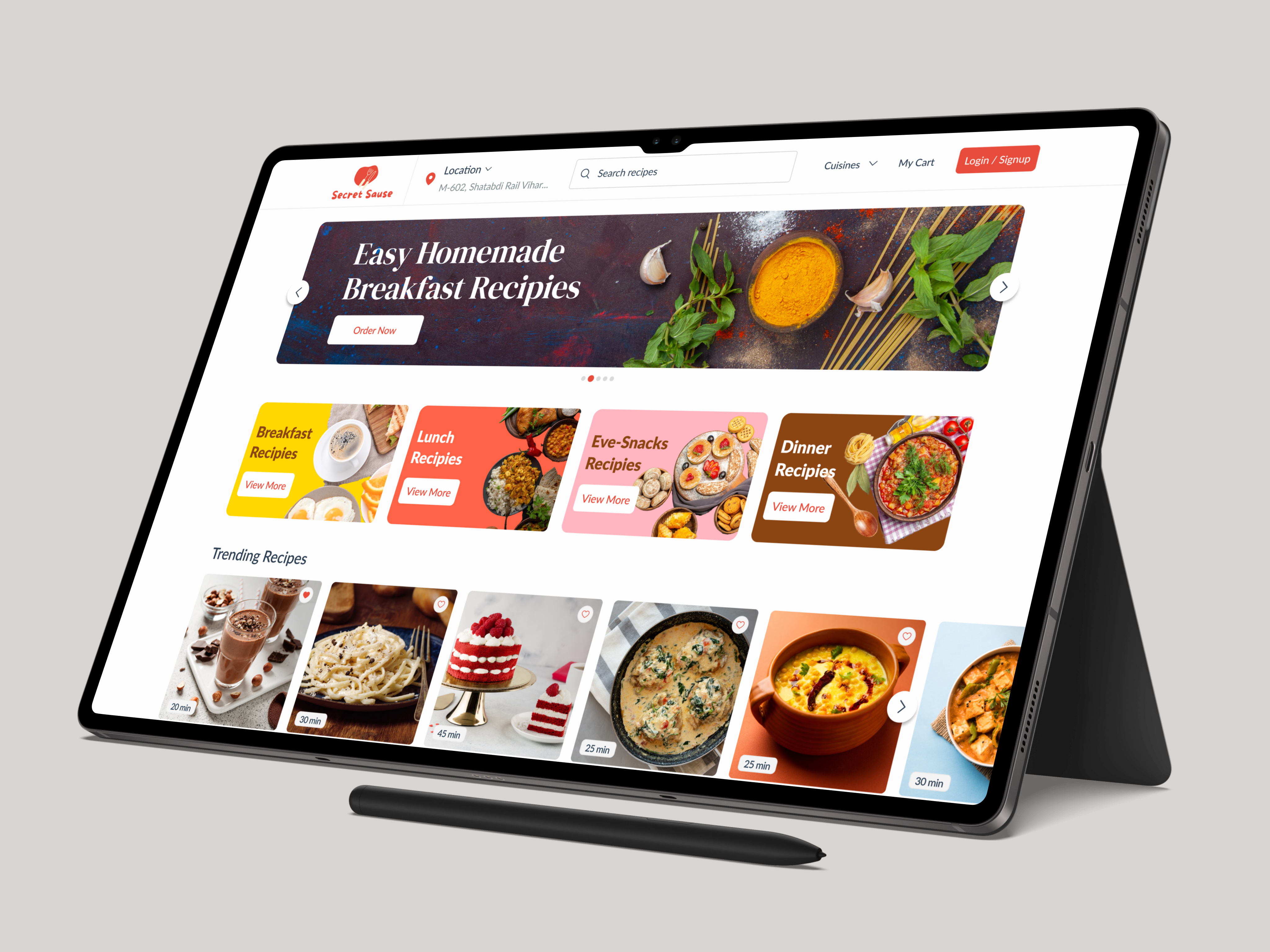 Secret Sause - Recipe Webapp app cooking recipies cooking webapp cooking website design dishes food food ordering homepage ingredients ordering intuitive landingpage order recipe book recipe webapp ui ux webapp website