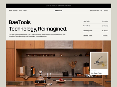 BaeTools - Kitchen Tools Landing Page aesthetic clean cookingessentials design interior figma framer furniture website interior company interior website kitchen kitchen set kitchen tools landingpagedesign moderncraftsmanship productdesign timelessdesign trending webflow website wood