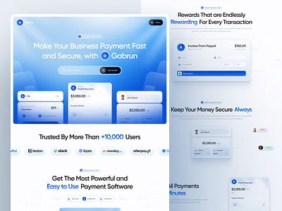 Gabrun - Finance Payment Service Website bank blue card clean finance financial fintech glow landing page management payment payment service product design saas ui uiux wallet web design website widget