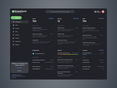 RoboForm for Business admin admin panel b2b dark theme enterprise password manager product design roboform ui ux web web app