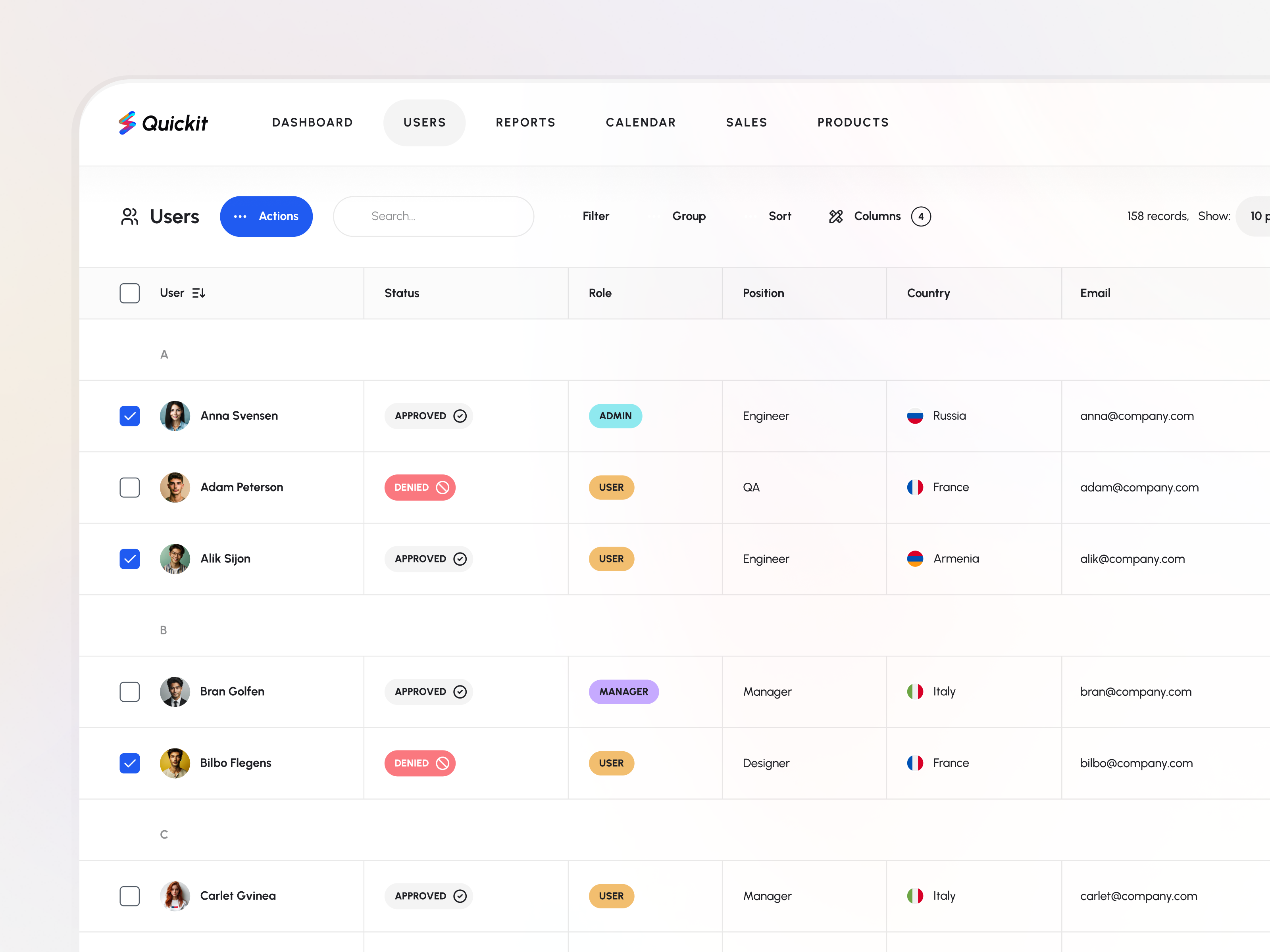 Light Table screen #3 for Quickit UI Kit app builder chart dashboard design finance free freebie kit quickit row table template theme udix ui ux web white widget