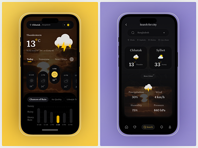 Thunder Weather App Dark Mode Design androidapp appui darkmode darkui designconcept designinspiration interactiondesign interfacedesign iosapp mobileapp mobileui mordernui newshot popularoftheday trending uiuxdesign weatherapp