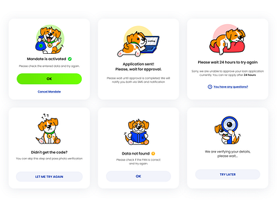 Pop-ups for loan mobile app, Mascot Design | Lepshey branding design dog finance fintech illustration mascot pop up product design startup ui ux