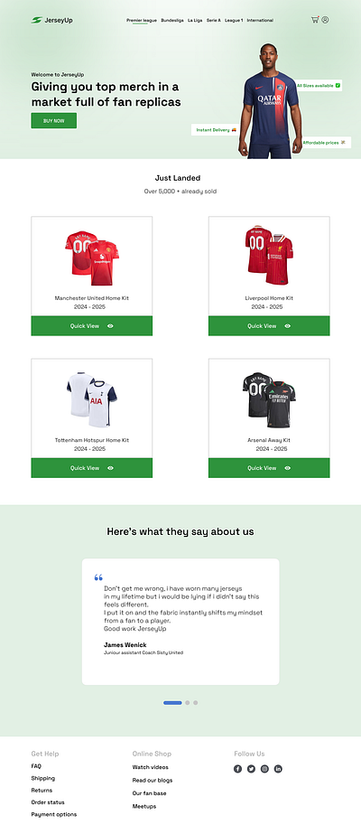 Landing page for selling soccer/football jerseys. branding graphic design logo ui