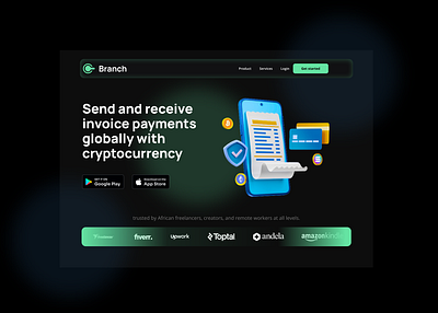 Header section of Branch landing page. crypto app crypto design design figma design header section landing page page design payment platform uidesign uiux