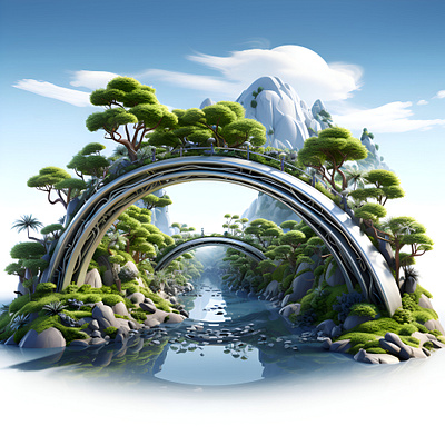 Fantasy landscape with bridge trees water 3d render 3d animation branding graphic design logo motion graphics ui