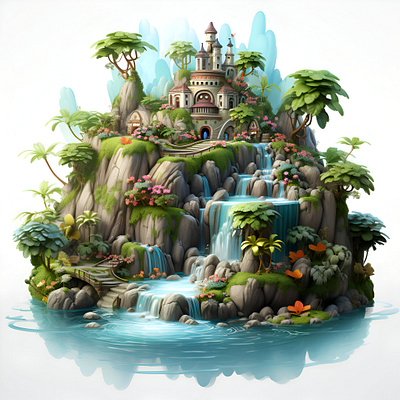 illustration fairy tale castle with waterfall background 3d animation graphic design logo motion graphics