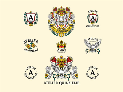 Atelier Quinzième: Full Preview badge bird brand identity branding coat of arms crest crest logo crown dove geometric illustration king kings line lineart logo logo design monoline oldschool typography