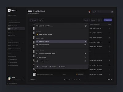 Search ✨ Dark UI content planner dark ui hover icons modal quick search saas web app sidebar table ux