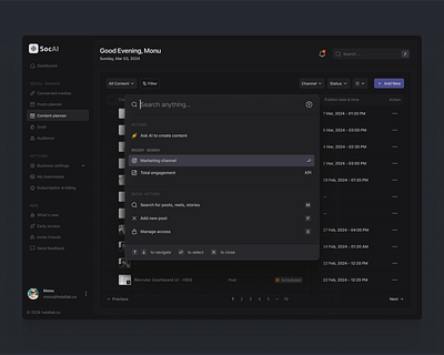 Search ✨ Dark UI content planner dark ui hover icons modal quick search saas web app sidebar table ux