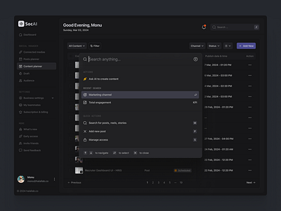 Search ✨ Dark UI content planner dark ui hover icons modal quick search saas web app sidebar table ux