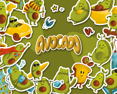 Avocado stickerpack set book illustration branding character design childrens illustration design illustration print procreate stickerpack stickers