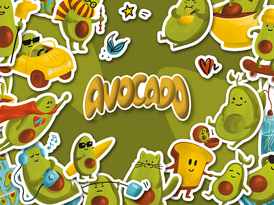 Avocado stickerpack set book illustration branding character design childrens illustration design illustration print procreate stickerpack stickers