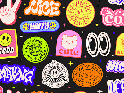 Cool Y2k Stickers Collage. Pop Art Patches. 90s abstract art background cartoon collage cool cute design groovy illustration patch pattern pop positive smile sticker trendy wallpaper y2k