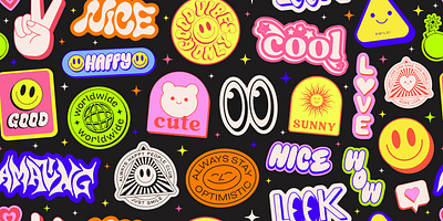 Cool Y2k Stickers Collage. Pop Art Patches. 90s abstract art background cartoon collage cool cute design groovy illustration patch pattern pop positive smile sticker trendy wallpaper y2k