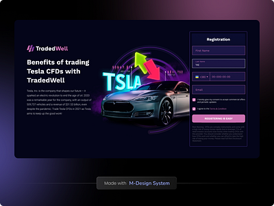 Black Landing Page | M-Design System 3d contact form dark mode email list fintech form graphic design input landing landing page lead lead generation share stock tesla trading ui ui kit web website