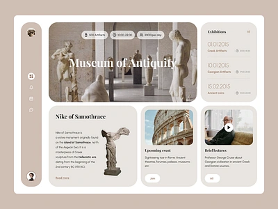 Museum page antiquity archaeology artifacts desktop design exhibitions greek history landing page lectures museum past pastime rome science sightseeings travel ui uiux ux visitors