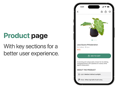 Product page - Ecommerce app design for iOS - PLANT SHOP add to cart add to favourites animation delivery e commerce e commerce app e commerce app design ecommerce frequently asked questions ios ios app design mobile app animation mobile app design plant product page plant shop product page