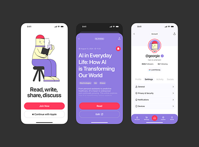 Content Creating App animation app article illustration ios app profile settings sign up ui design