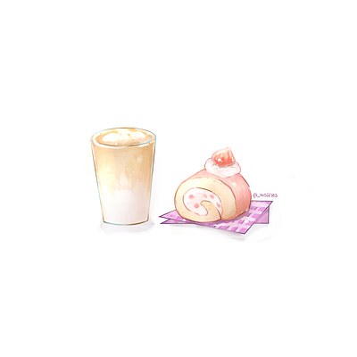 Coffee & Strawberry Roll Cake art cake coffee cute digital art drawing food illustration sketch