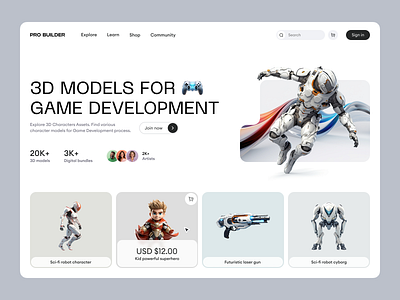 Pro Builder Web - Landing Page UI 3d 3d download web 3d model web clean design figma game game design interface landing landing page minimal robots ui uiux ux web website