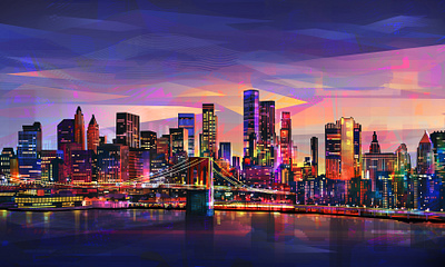 Brooklyn Bridge on the skyline brooklyn bridge city colourful design illustration lights manhattan new york print sunset