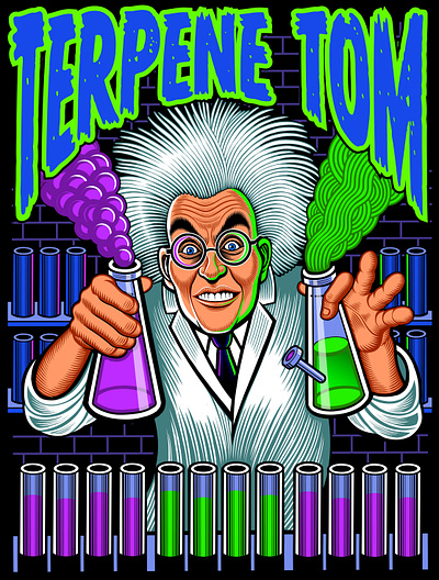 "Mad Scientist" illustration for Terpene Tom clothing company apparel cannabis cannabis art cannabis industry design illustration illustrations logo logo design mad scientist poster poster art science screen printing silkscreen t shirt t shirt design vector vector art weird science