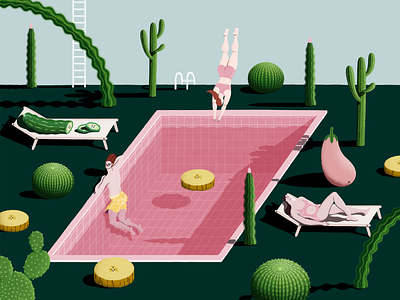 What the Forest! absurd cactus green illustration nature people pink plant pool summer surreal swimming swimsuit water