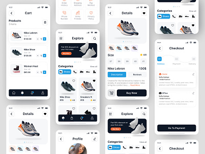 Online Store/E-commerce Mobile app 3d product ai b2b cart clean ecom ecommerce app flat interface knehad24 minimalistic mobile app modern online shopping product page shoes shop shopify shopping shopping app