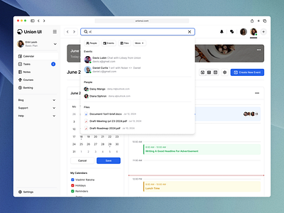 Calendar searching - Union UI apple application calendar crm dashboard day design email find google calendar library meeting outlook schedule search ui ux web website week