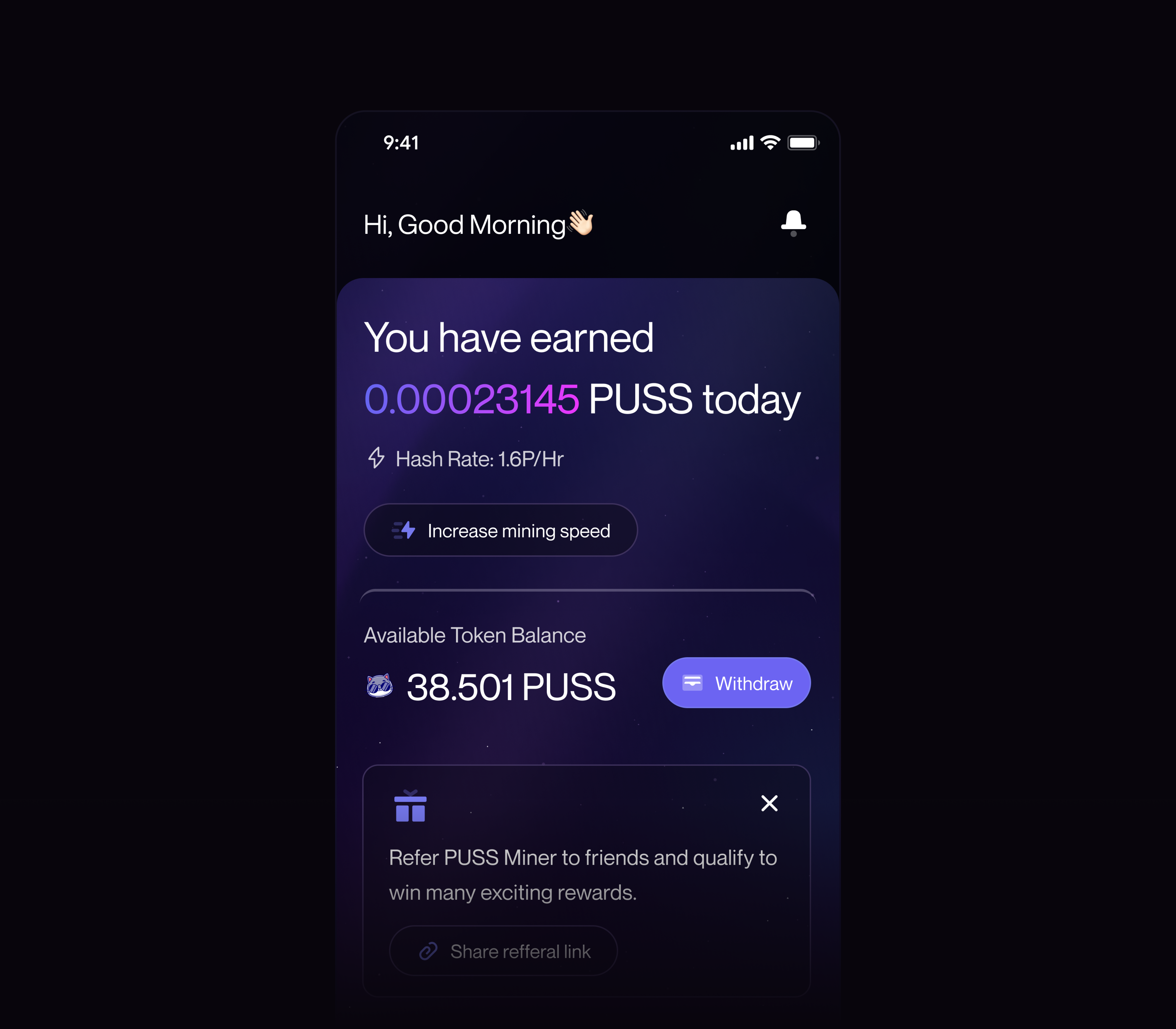 Crypto Mining App appdesign blockchain cryptoapp cryptocurrency cryptomining darkmode fintech mobileapp tokenmining uidesign uxdesign