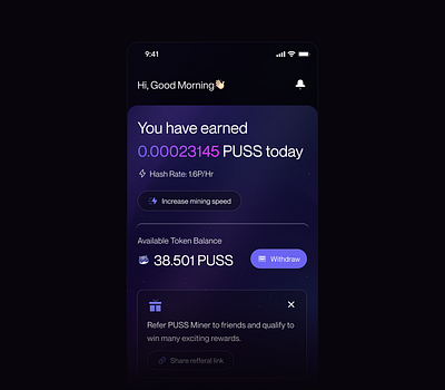 Crypto Mining App appdesign blockchain cryptoapp cryptocurrency cryptomining darkmode fintech mobileapp tokenmining uidesign uxdesign