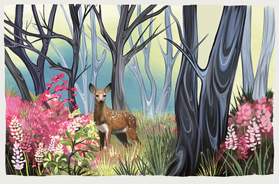 Forest Scene animals deer digital art fawn illustration landscape nature