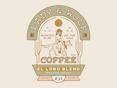 Lady & Wolf - Coffee Bag Packaging arizona bandana cactus coffee coffee bag label cowgirl cowgirl boots cowgirl hat coyote illustration label lady moon packaging design roast southwest sun typography western wolf