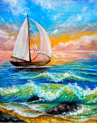 Original Ukrainian acrylic painting. Ship and Sea, Marina Ukrain art design hand painted handmade marina paint painting sea ship ukraine