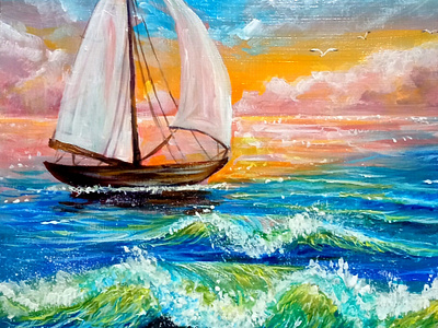 Original Ukrainian acrylic painting. Ship and Sea, Marina Ukrain art design hand painted handmade marina paint painting sea ship ukraine