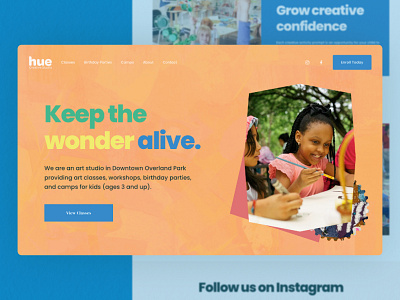 Website Design - Hue Creative Studio art studio artistic artists blue childrens collage colorful cutouts kids orange rainbow shapes squarespace textures web design website