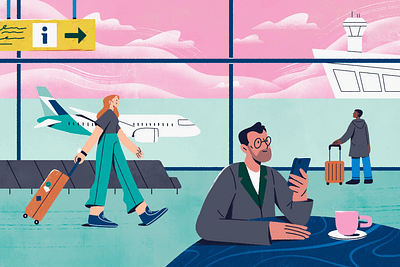 Airlines Illustrations air airlines airplane airport art brand illustration character coffee colorful design flat flight illustration illustrator people sky suitecase travel trip waiting room