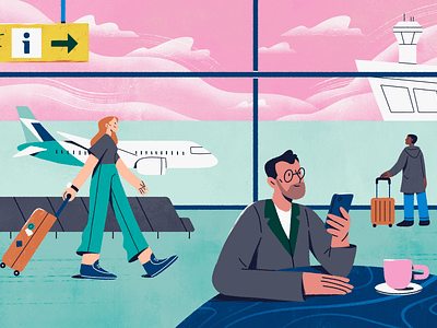 Airlines Illustrations air airlines airplane airport art brand illustration character coffee colorful design flat flight illustration illustrator people sky suitecase travel trip waiting room