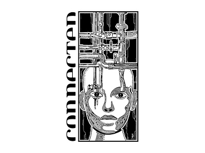 Connected bionic black and white comic dystopian face illustration line art portrait t shirt design