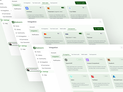 Third-party integrated tools page -Bookworm 2fa ai credit card dashboard integration mobile app product design third party ui ux web3 wallet webapp