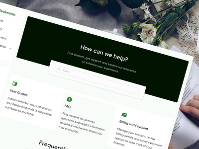 Help page view -Bookworm answers dashboard faq help section problems product design ui ux webapp