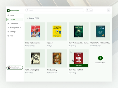 Book Catalogue screen view -Bookworm animation books catalogue dashboard library minimalism product design ui ux webapp