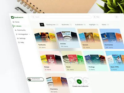 Book Library -Bookworm animation app book books clean colorful dashboard fiction library minimalistic minimalsim note novel playlist product design quiz tags ui ux webapp