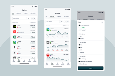 Investing App - Explore and filter app explore fintech investing mobile ui uiux