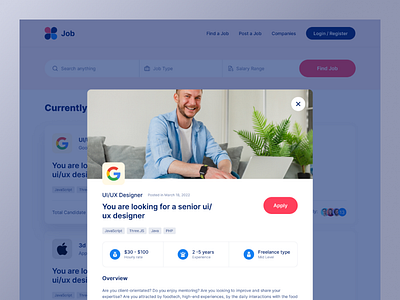 Job Listing Web Page Pop Up UI UX Design design figma design landing page design landing page figma ui ui design ux design web design website design