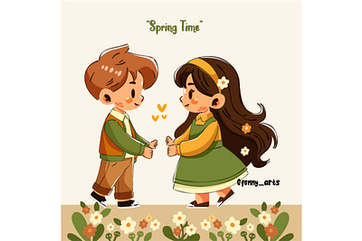 Hand Drawn Spring Landscape with Couple beauty blossom butterflies cartoon celebration couple culture decoration element environment flower garden landscape love natural nature romance season spring springtime