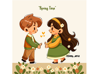 Hand Drawn Spring Landscape with Couple beauty blossom butterflies cartoon celebration couple culture decoration element environment flower garden landscape love natural nature romance season spring springtime