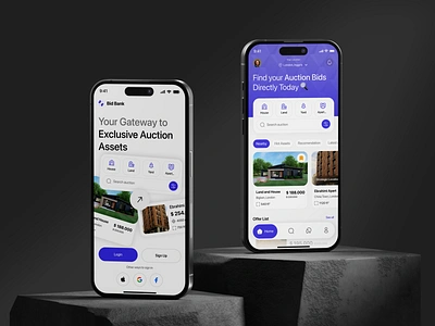 Bid Bank - Auction Asset Banking Mobile App apartment auction auction asset auction bid banking bidding building clean commerce finance app house land listing live auction minimalist mobile app property app real estate res ui design